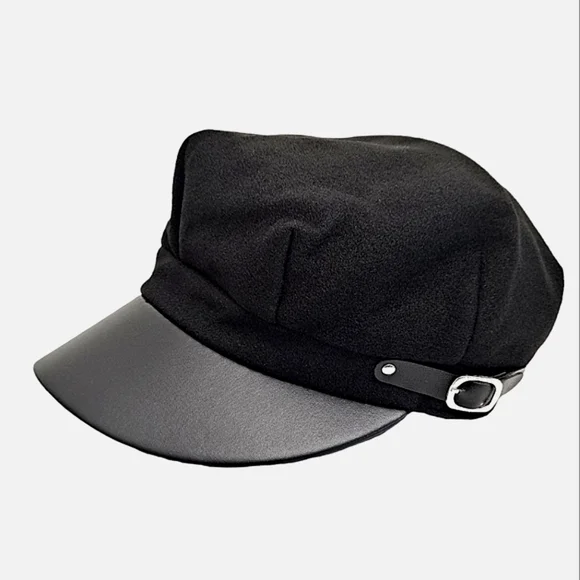 Women's Baker boy black faux leather fabric soft hat cap casual beret new - Picture 3 of 16